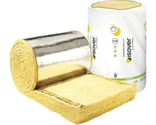 Isover glaswolrol met aluminiumfolie voor thermische isolatie van zolders en schuine daken.