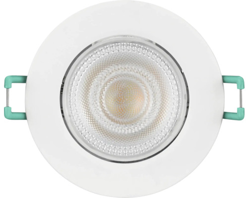 Ronde LED inbouwspot met wit frame, gestructureerde reflector en montageklemmen aan de zijkant voor plafondinbouw.