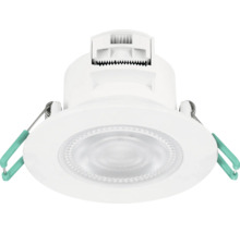 Witte LED-inbouwspot van kunststof met klemveren voor plafondmontage.