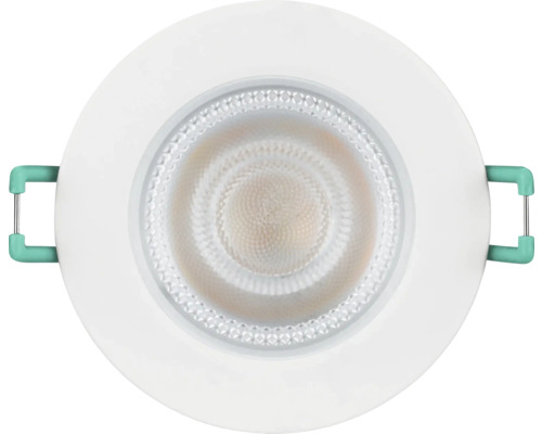 Ronde LED-inbouwspot in wit met gestructureerde diffusor en zijdelingse montageveren.
