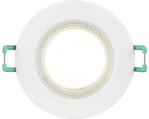 Ronde LED-inbouwspot in wit met een gestructureerde reflector en montageklemmen aan de zijkant.