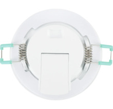 Achteraanzicht van een ronde, witte LED-inbouwspot met twee metalen montageveren aan de zijkanten.