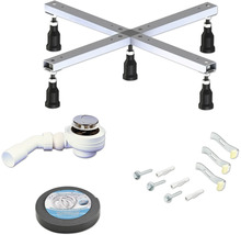 Douchebakpotenset bestaande uit een metalen kruisvoet met verstelbare poten, afvoergarnituur, badankers en afdichtband.