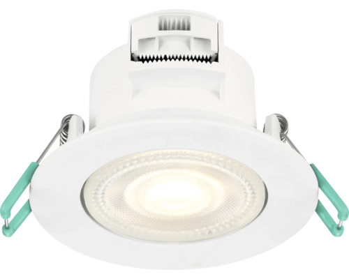 Ronde LED inbouwspot in wit met zijmontageveren en geïntegreerde lichtbron.
