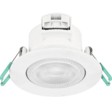 Witte ronde LED-inbouwspot van kunststof met montageveren aan de zijkant.