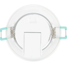 Achteraanzicht van een ronde witte LED-inbouwspot met metalen veren voor plafondmontage.