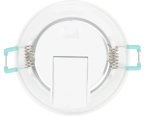 Achteraanzicht van een ronde witte LED-inbouwspot met metalen veren voor plafondmontage.