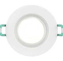 Ronde LED inbouwspot met wit frame en groene montageklemmen.