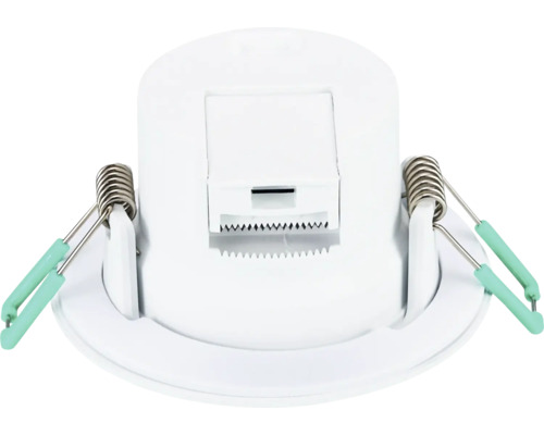 Achteraanzicht van een ronde witte led inbouwspot met twee metalen montageveren aan de zijkant en een aansluitklem.
