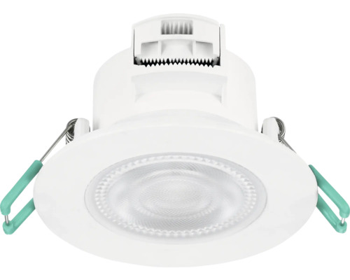 LED-inbouwspot, rond, kunststof, wit, met veerklemmen voor plafondmontage.