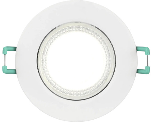 Ronde LED inbouwspot in het wit met zijklemmen en gestructureerde lens voor plafondmontage.