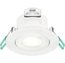 Ronde LED-inbouwspot van kunststof in het wit met veerklemmen voor plafondmontage.