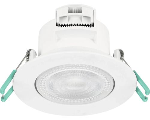 Witte ronde LED-inbouwspot van kunststof met montageveren aan de zijkant.