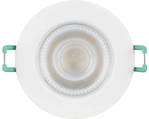 Ronde witte LED-inbouwspot met montageklemmen aan de zijkant en gestructureerde lens.
