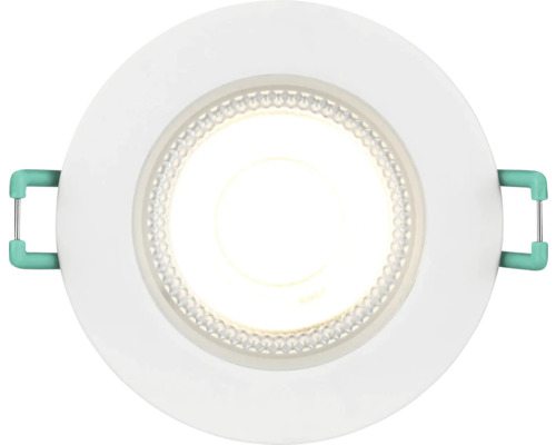Ronde LED-inbouwspot met wit frame en groene montageklemmen