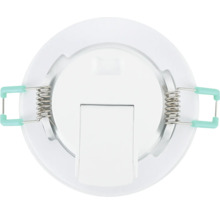 Achteraanzicht van een witte ronde LED inbouwspot met twee zijdelingse montageveren.