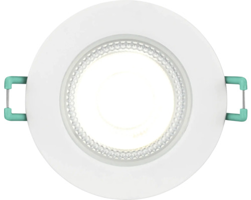 Ronde witte LED-inbouwspot met montageklemmen aan de zijkanten.