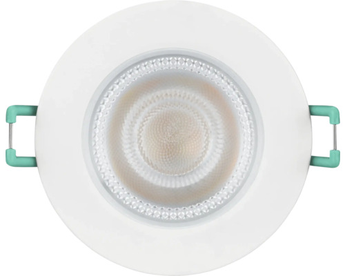 Ronde witte LED-inbouwspot met gestructureerde lens en groene klemveren voor plafondmontage.