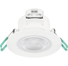 Witte, ronde LED-inbouwspot met gestructureerd glas en groene klemveren.