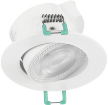 Kantelbare LED inbouwspot in het wit met een ronde vorm en klemveren voor plafondmontage.