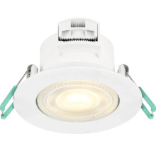 LED inbouwspot, rond, kunststof, wit, met veerklemmen en warm wit licht.
