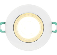 Ronde LED inbouwspot met wit frame en verlicht midden, inclusief montageklemmen.