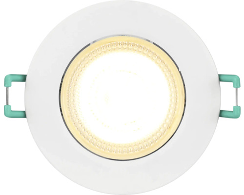 Ronde LED inbouwspot met wit frame en verlicht midden, inclusief montageklemmen.