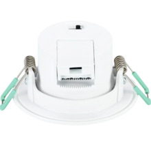 LED-inbouwspot, achteraanzicht met metalen klemveren voor plafondmontage.