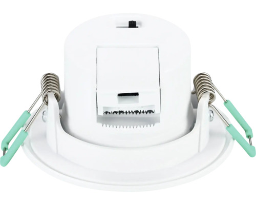 LED-inbouwspot, achteraanzicht met metalen klemveren voor plafondmontage.