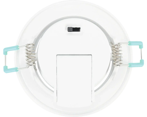 Achteraanzicht van een ronde LED inbouwspot met twee klemveren aan de zijkanten en een ingebouwde schakelaar.