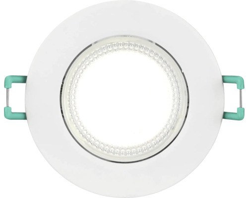 Ronde LED-inbouwspot in het wit met montageklemmen aan de zijkant.