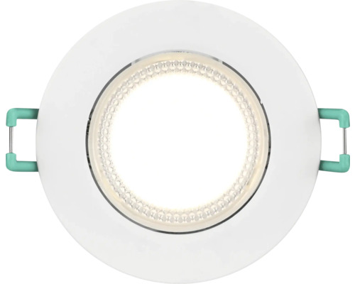 Ronde LED-inbouwspot met wit frame, gestructureerde binnenring en montageklemmen aan de zijkanten.