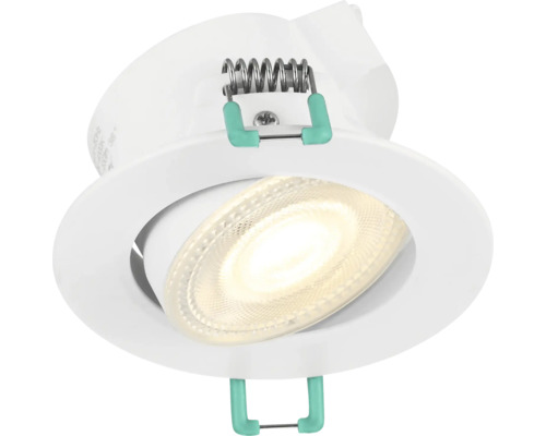 Kantelbare LED inbouwspot van wit kunststof met klemveren.
