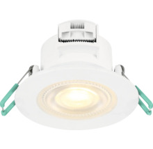 Ronde LED-inbouwspot in wit met warmwit licht en klemveren voor montage aan de zijkanten.