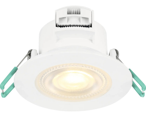 Ronde LED-inbouwspot in wit met warmwit licht en klemveren voor montage aan de zijkanten.