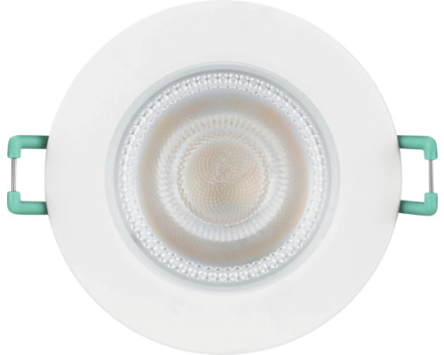 Ronde LED inbouwspot in het wit met een gestructureerde lens en bevestigingsklemmen aan de zijkant.