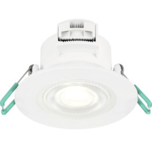 Witte LED inbouwspot van kunststof met geïntegreerde lichtbron en zijklemmen voor plafondmontage.