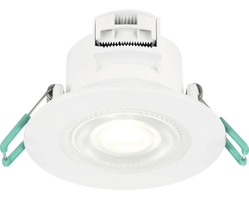 Witte LED inbouwspot van kunststof met geïntegreerde lichtbron en zijklemmen voor plafondmontage.