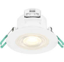 Ronde witte LED-inbouwspot met gestructureerd glas en groene montageveren.