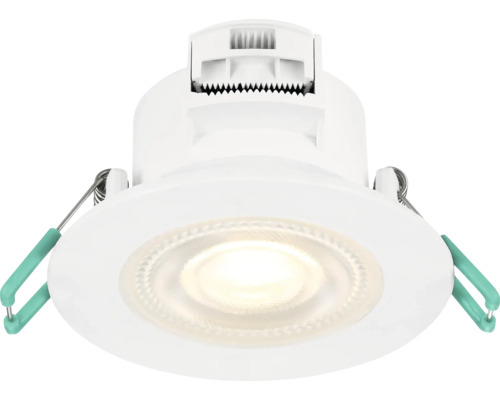 Ronde witte LED-inbouwspot met gestructureerd glas en groene montageveren.