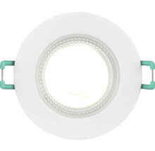 Ronde LED-inbouwspot met witte behuizing, gestructureerde lens en bevestigingsklemmen aan de zijkant.