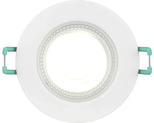 Ronde LED-inbouwspot met witte behuizing, gestructureerde lens en bevestigingsklemmen aan de zijkant.