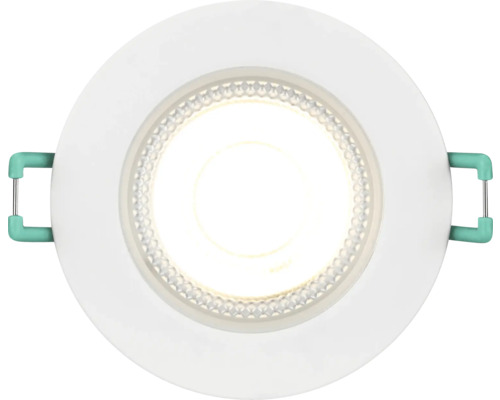 Ronde LED-inbouwspot met witte buitenring, gestructureerde binnenring en montageveren aan de zijkant.