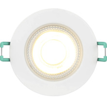 Ronde LED inbouwspot met wit frame en groene montageklemmen.