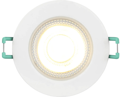 Ronde LED inbouwspot met wit frame en groene montageklemmen.