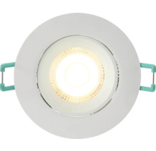 Ronde LED inbouwspot in wit met warm wit licht en montageveren aan de zijkant voor plafondmontage.