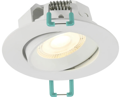 Witte, ronde en kantelbare LED-inbouwspot met montageveren voor plafondmontage.