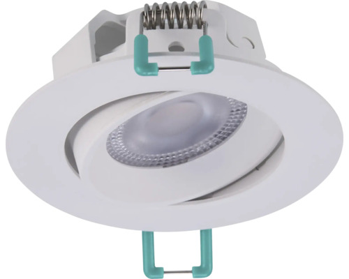 Kantelbare LED inbouwspot in wit met veren voor plafondmontage.