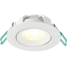 Ronde LED inbouwspot in wit met brandende LED-module en montageklemmen aan de zijkant.
