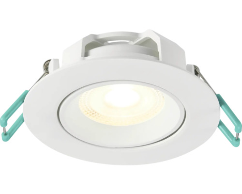 Ronde LED inbouwspot in wit met brandende LED-module en montageklemmen aan de zijkant.